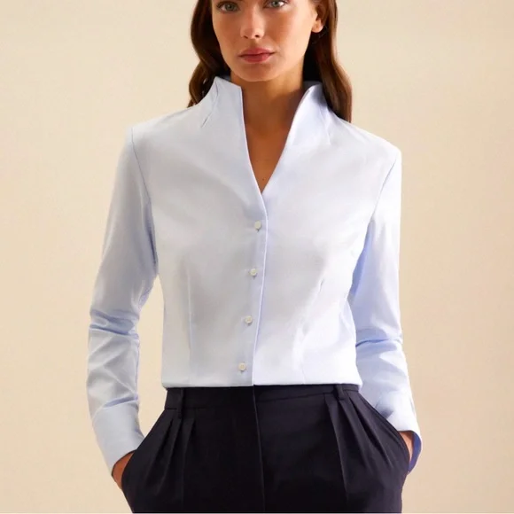 NWT - Seidensticker Blue Twill Chalice Blouse - Size DE36 - Picture 1 of 6